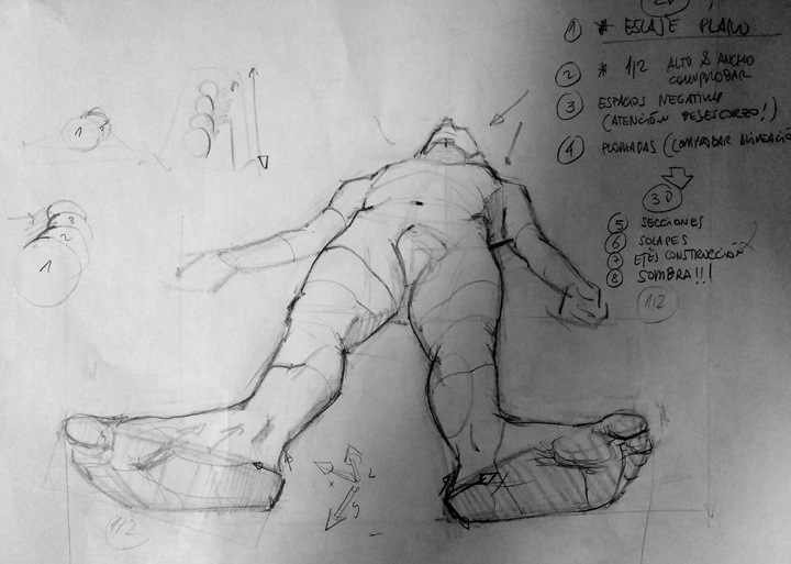 Demostración de dibujo con escorzos pronunciados 